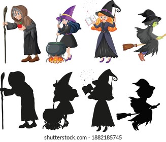 Wizard or witches in color and silhouette cartoon character isolated on white background illustration