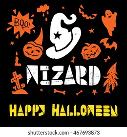 Wizard or witsch hat. Happy Halloween lino cut vector elements with texture. Latin hand-lettered alphabet. Isolated decorative elements: pumpkin, witch, bat, skeleton, black cat, ghost, letters, words