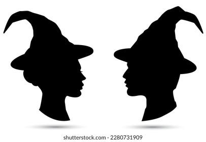 Wizard woman and man vector profile icons. Witch hat black silhouette illustration