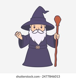 wizard with wooden magic staff cartoon drawing isolated on white background