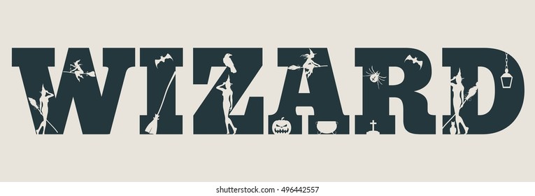 Wizard word and silhouettes on them. Halloween theme background