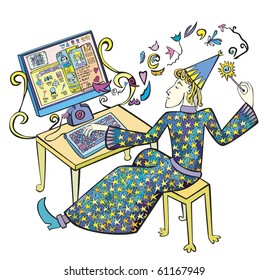 Wizard working on his computer, chatting with his friends and playing online game
