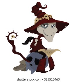 Wizard writing a letter sitting on skull