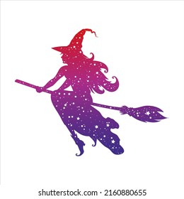 Wizard, young beautiful witch flying on magical broomstick. Element for halloween celebration. Vector illustration isolated on white background. 
T-shirt print