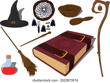 Wizarding and witchcraft magic items collection vector illustration