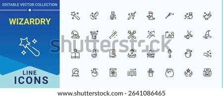 Wizardry line icon set. Pack of entertainment, wizard, trick, magician, wand, magical and more. Magic icon set. Minimalist editable vector stroke. Editable vector illustration.