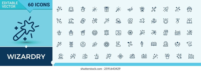 Wizardry line icons. Containing trick, magical, entertainment, show, teller, mystic, magic and more. Icons for design. Solid line editable vector illustration.