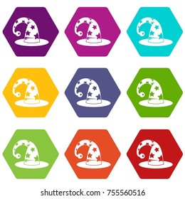 Wizards hat icon set many color hexahedron isolated on white vector illustration