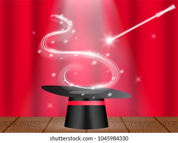 The wizard's hat and the magic wand on stage with closed red curtain. Vector illustration