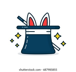 Wizard's hat with a rabbit and a magic wand. Vector modern line outline flat style cartoon illustration icon. Isolated on white background. Tricks concept