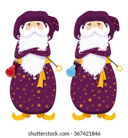 Wizards with magic wands and potions. Health potion and mana potion. Magician cute character isolated on white background. Cartoon sorcerer with white beard and mustache. Vector illustration.