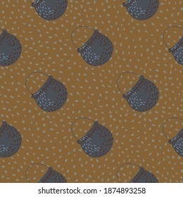 Wizardy pot cauldron elements seamless pattern. Purple ornament on brown dotted background. Decorative backdrop for fabric design, textile print, wrapping, cover. Vector illustration