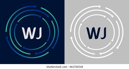 WJ design template elements in abstract background logo, design identity in circle, letters business logo icon, blue/green alphabet letters, simplicity graphics