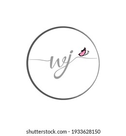 Diseño del logotipo de escritura de letra inicial de WJ con mariposa