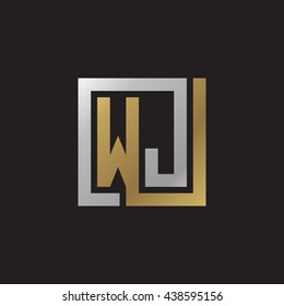 WJ initial letters looping linked square elegant logo golden silver black background