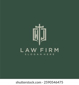WJ initial monogram for law firm with sword and shield logo image