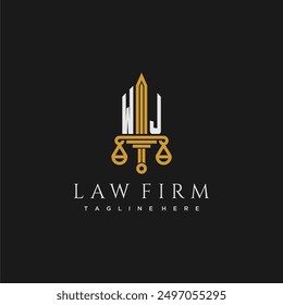 WJ initial monogram for lawfirm logo with sword and scale