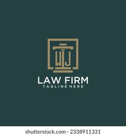 Logotipo de monograma inicial de WJ para la firma de abogados con diseño de hitos en cuadrado creativo