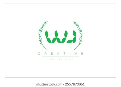 WJ letters eco logo with leaf. Fresh nature and healthy leaf logo design.