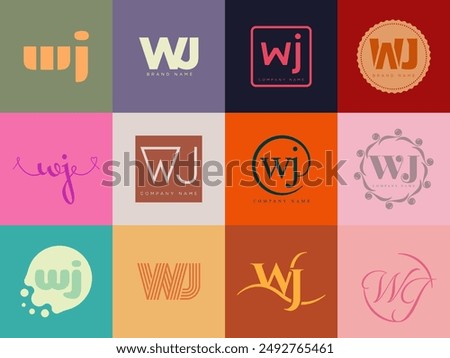 WJ logo company template. Letter w and j logotype. Set different classic serif lettering and modern bold text with design elements. Initial font typography. Collection trendy business identity.