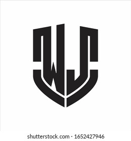 Monograma del logotipo WJ con diseño de forma de escudo de emblema aislado sobre fondo blanco