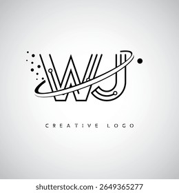 Logotipo de Monograma de Órbita WJ - Marca de Letra Mínima Futurista com Linha de Arte Circular, Pontos Inspirados na Tecnologia e Conceito de Movimento Espacial para Identidade de Marca Moderna