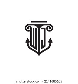 Logotipo del concepto de combinación de pilares y anclajes WJ en diseño de alta calidad