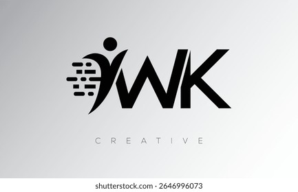 WK Creative Digital Monogram Logo – Futuristic Letter mark Design Featuring Human Shape, Pixel Motion and Minimal Tech Style for Innovative Branding Identity