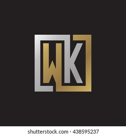 WK initial letters looping linked square elegant logo golden silver black background