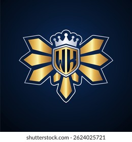 WK initial letters monogram logo for gaming with shield and eagle wing