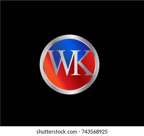 WK Letter logo Design in a circle. Blue Red and silver colored
