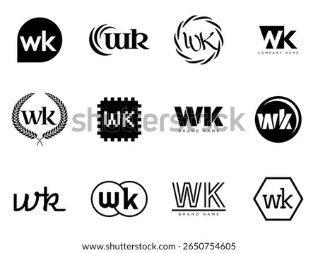 WK logo company template. Letter w and k logotype. Set different classic serif lettering and modern bold text with design elements. Initial font typography. Collection trendy business identity.
