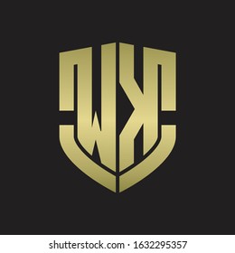 WK Logo monogram with emblem shield shape design isolated gold colors on black background