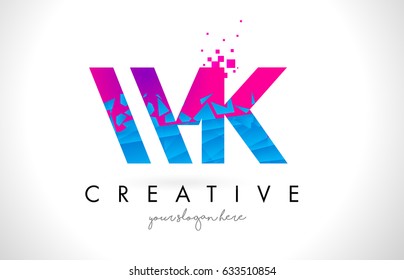 WK W K Letter Logo with Broken Shattered Blue Pink Triangles Texture Design Vector Illustration.