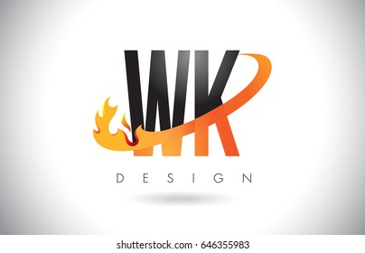 WK W K Letter Logo Design with Fire Flames and Orange Swoosh Vector Illustration.