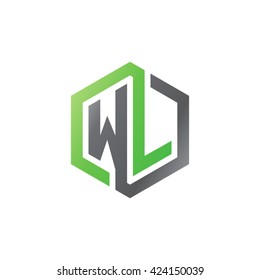 WL initial letters looping linked hexagon logo black gray green