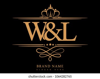 W&L Initial logo, Ampersand initial logo gold with crown and classic pattern