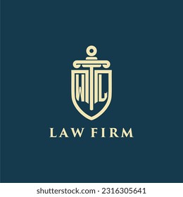 Monograma inicial WL para bufete de abogados con imagen del logo de la espada y el escudo