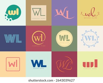 WL logo company template. Letter w and l logotype. Set different classic serif lettering and modern bold text with design elements. Initial font typography. Collection trendy business identity.