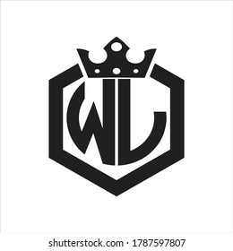 WL Logo monogram rounded by hexagon shape with crown design template on white background