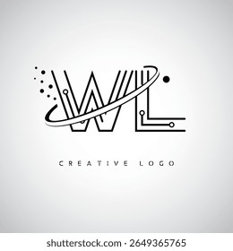 Logotipo de monografia de órbita WL - marca de letra mínima futurista com arte de linha circular, pontos inspirados na tecnologia e conceito de movimento espacial para identidade de marca moderna