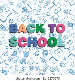 Wlecome back to school, colored text and doodles, vector illustration