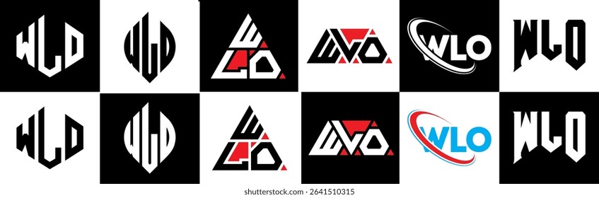 WLO letter logo design in six style. WLO polygon, circle, triangle, hexagon, flat and simple style with black and white color variation letter logo set in one artboard. WLO minimalist and classic logo