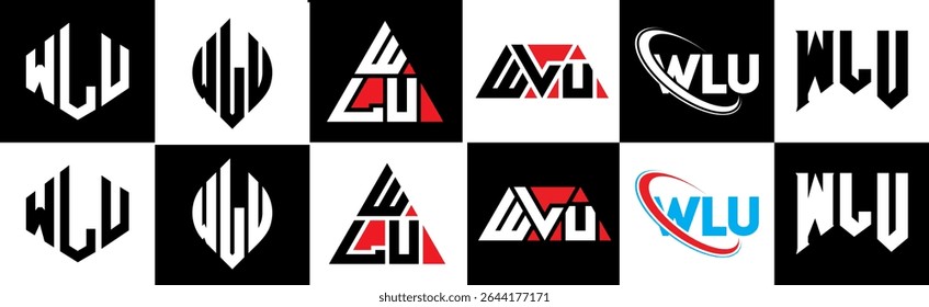 WLU letter logo design in six style. WLU polygon, circle, triangle, hexagon, flat and simple style with black and white color variation letter logo set in one artboard. WLU minimalist and classic logo