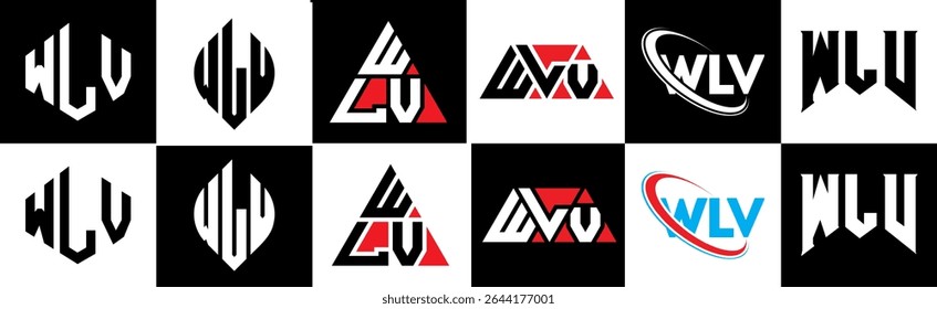 WLV letter logo design in six style. WLV polygon, circle, triangle, hexagon, flat and simple style with black and white color variation letter logo set in one artboard. WLV minimalist and classic logo
