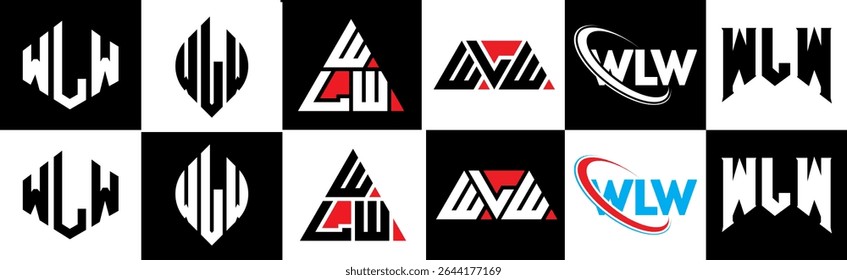 WLW letter logo design in six style. WLW polygon, circle, triangle, hexagon, flat and simple style with black and white color variation letter logo set in one artboard. WLW minimalist and classic logo