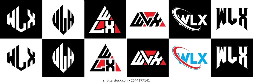 WLX letter logo design in six style. WLX polygon, circle, triangle, hexagon, flat and simple style with black and white color variation letter logo set in one artboard. WLX minimalist and classic logo