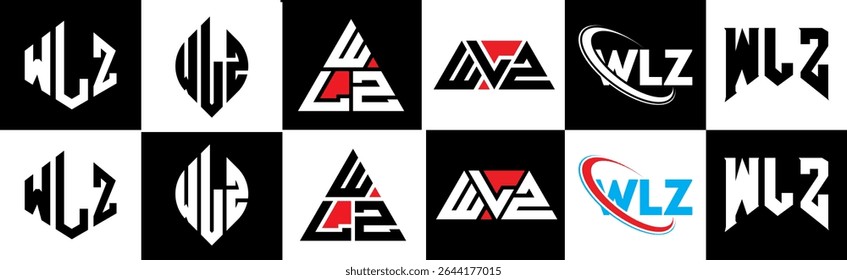 WLZ letter logo design in six style. WLZ polygon, circle, triangle, hexagon, flat and simple style with black and white color variation letter logo set in one artboard. WLZ minimalist and classic logo
