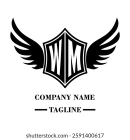 WM bold shield logo with wings, customizable with letters A to Z. Perfect for brands seeking a powerful symbol of strength, freedom, and ambition