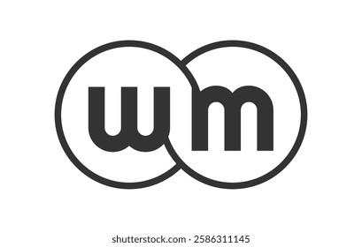 WM business company emblem with outline rounds and letters w m. Logo template of two merged circles for brand identity, logotype. Vector Infinity symbol  and technology sign.